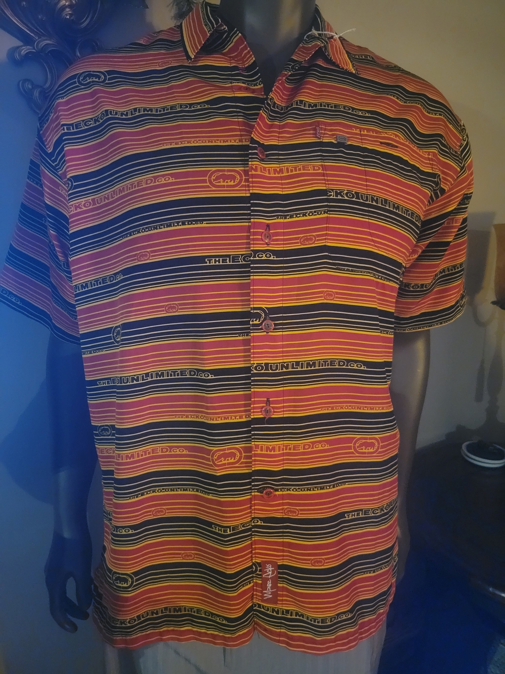 Ecko Unlimited Short-Sleeve Button-Up Shirt in Red, Black & Yellow Stripes